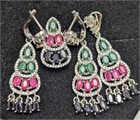 $1000 Silver 21.05G Emerald Ruby Ring Earring And