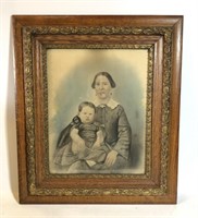 Antique Chalk Portrait Woman & Child