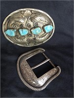 Two Sterling Silver Belt Buckles (1 w/ Turquoise)