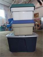 One Large 121L Blue Tote & Two 60L Rubbermaid