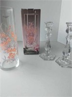 Pr Crystal Candlesticks and Floral Vase
