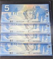 Consecutive Serial Canada $5 Bills x 4 NCU