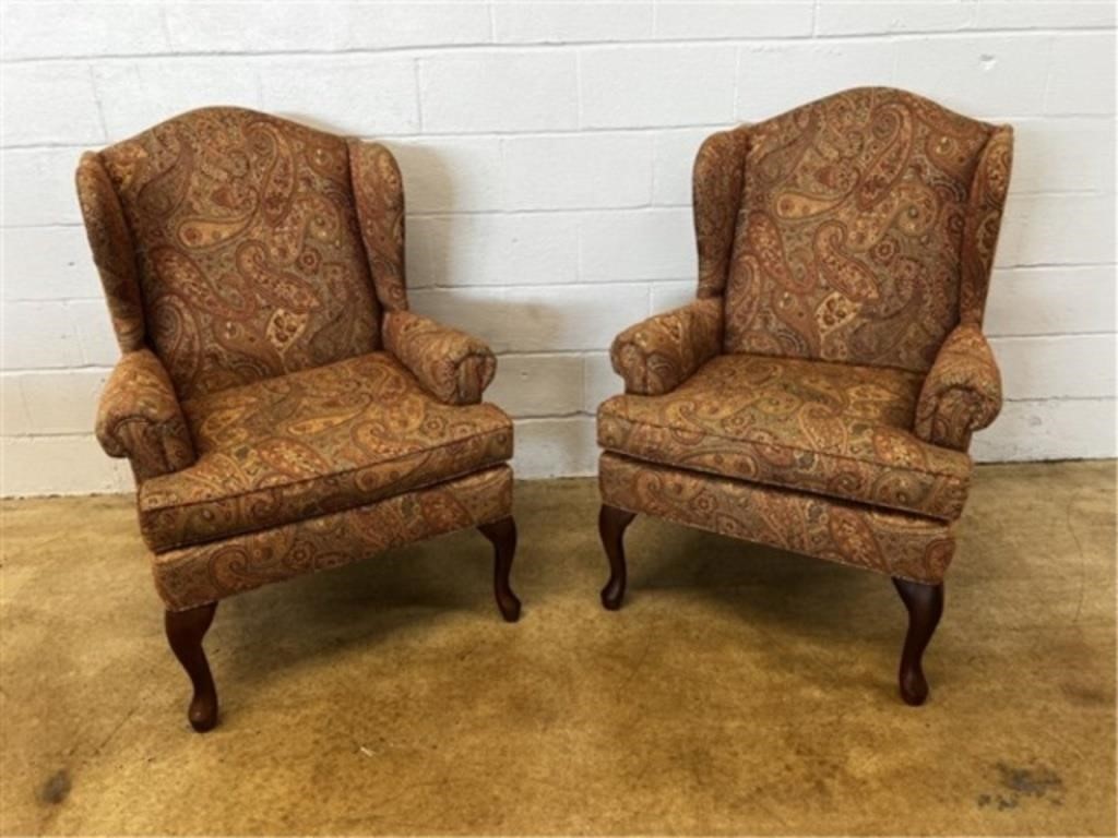 (2) Fairfield Paisley Upholstered Wingback Chairs