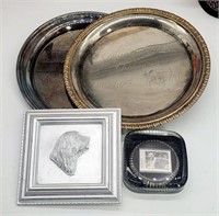 Lot - Monaco Stamp Paperweight w Dog, Wall Plaque,