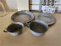 Antique Grey Enalmelware - 2 Cups and 2 Plates