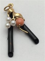 14k Gold, Pearl, Coral & Onyx Pendant