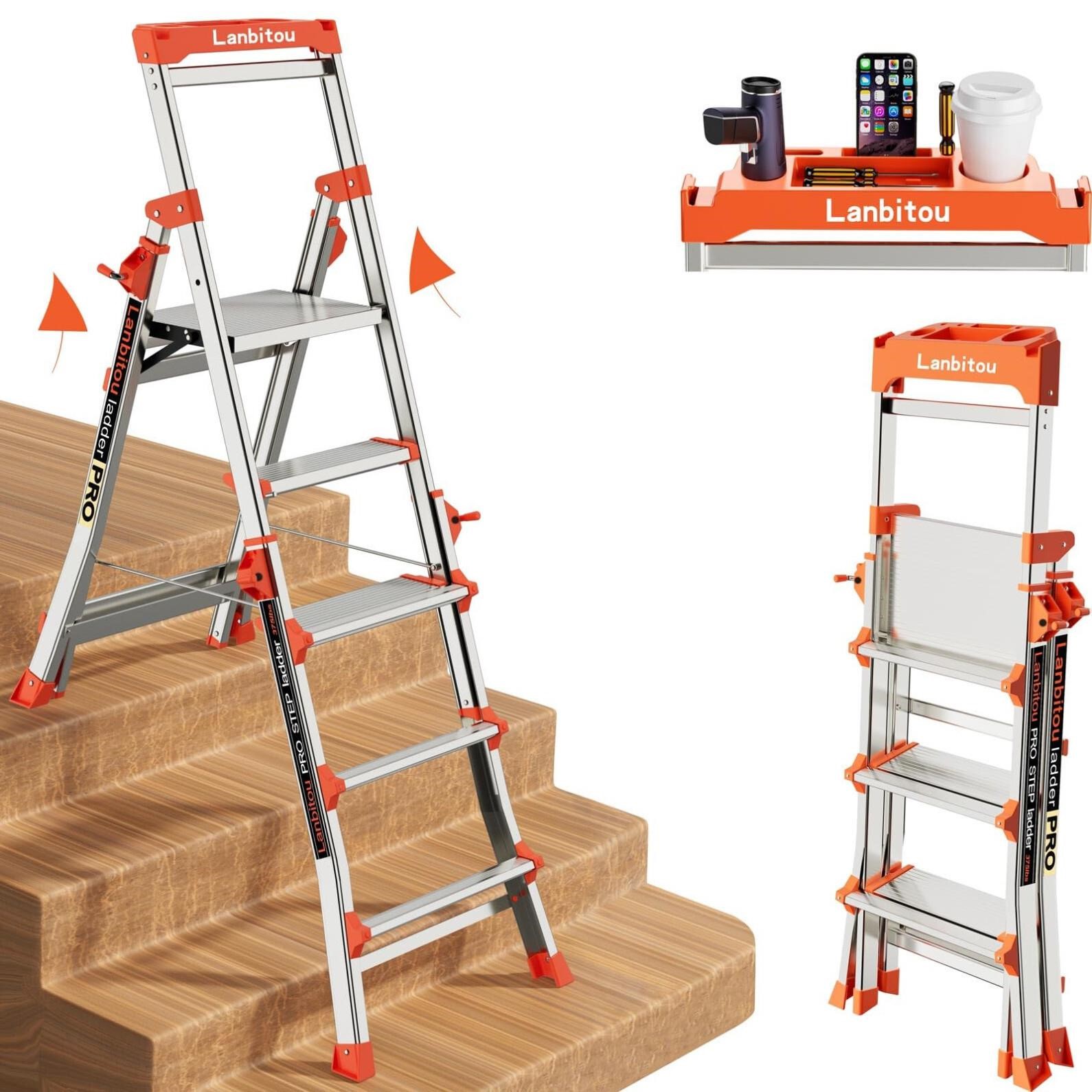 LANBITOU Ladder, Aluminum 5 Step Ladder with Handr