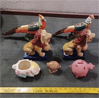 7pc pottery Lion Pheasant bookens pigs shawnee moe