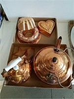 2 boxes copper kettles, molds and cookie cutters