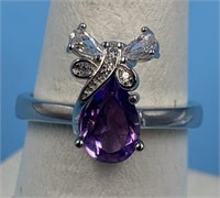 Sterling silver ring with amethyst & CZ, size 8.25