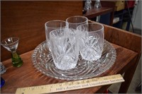 Four Party Glasses & Glass Tray