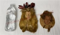 Vintage Tribal Clay Masks w Feather Fur Wall Art