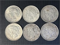 6 US Silver Peace Dollars 1922, ‘23, ‘24