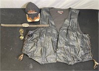 Leather Vest, Harley Ballcap, Chain Belt And Watch