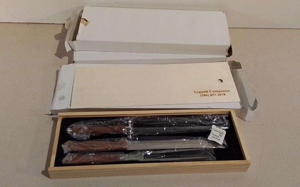 Three Unused Carving Sets In Wooden Cases