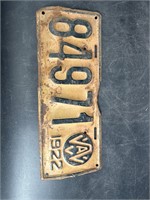 1922 WEST VIRGINIA LICENSE PLATE #84971