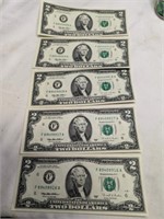 5 1995 Consecutive Serial # Two Dollar Bills