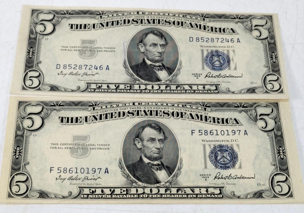 (2) Five Dollar Silver Certificate Notes
