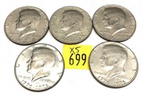 x5- Kennedy half dollars, mixed dates-x5 half