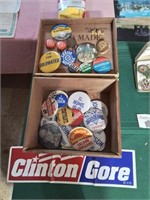 Wooden cigar box with vintage campaign buttons