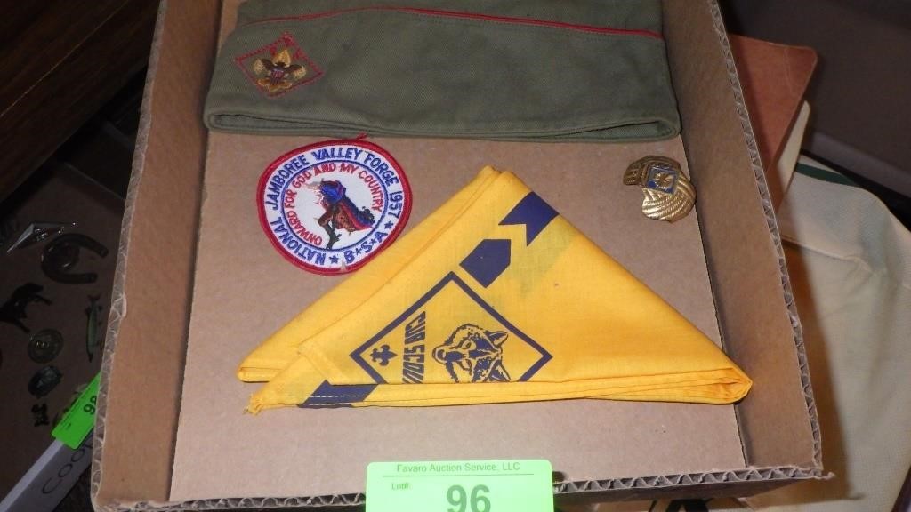 VINTAGE CUB SCOUTS HAT, SCARF, PATCH & TIE SLIDE