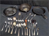 Group of pans, utensils, box lot