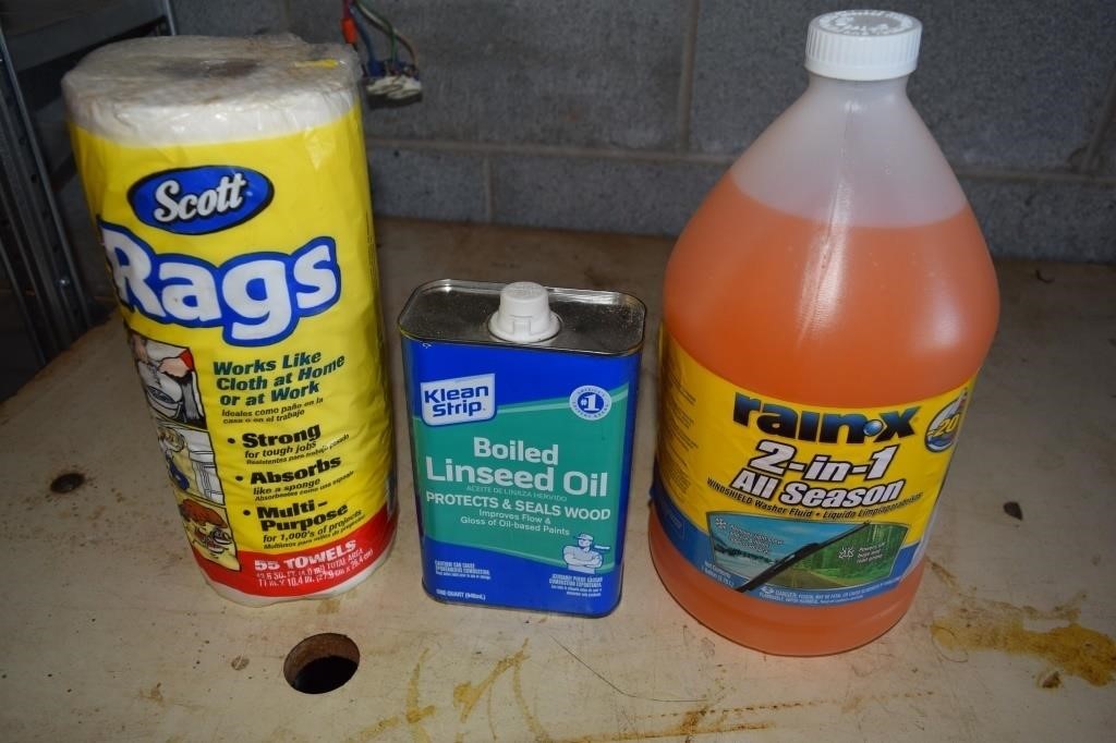 Quart Linseed Oil, Rags, Washer Fluid