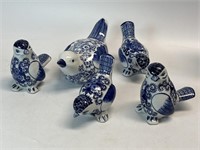 Set of 5 Ceramic Blue & White Birds