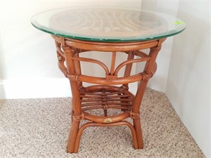 Boca Rattan Bamboo Round Side Table w/Glass Top