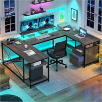 YITAHOME U Shaped Desk with Power Outlets & LED Li