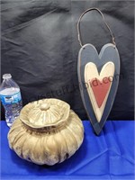 Wood Heart & Ceramic Pumkin