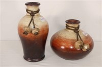 2 Decorative Clay Vases W Rope Detail