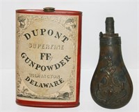 Brass Bowder Flask, Dupont Gun Powder Tin