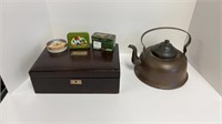 Copper tea kettle, tea/coffee tins, wooden box