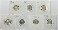 Lucky Seven Different Mercury Dimes in XF/AU