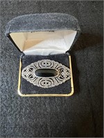 Sterling Marcasite? Brooch With Black Center