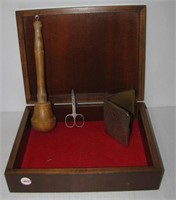 Wood box with hinged lid and contents including