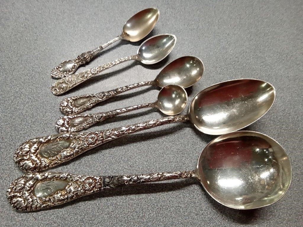 Fancy sterling spoons all marked sterling, 5.8toz