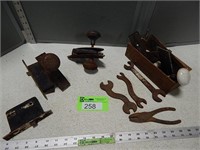 Antique door hardware, cheese box and wrenches