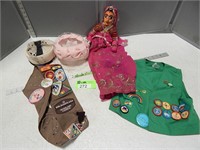 Decorative doll, antique hats, Girl Scout patches