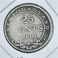 Pièces de 25¢ canadien 1919 en ARGENT Newfoundland