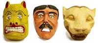 (3) MEXICAN FOLK ART CARVED & PAINTED WOOD MASKS