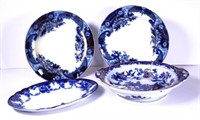 Four early flow blue ironstone tableware pieces