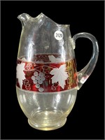 Etched Cranberry & Clear Glass Pitcher