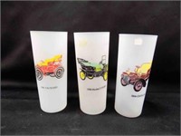 3 Vintage Frosted Glasses Automobile Etched