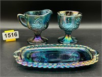 Vintage Blue Iridized Carnival Glass 3pcs
