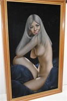 Vintage Signed Nude Lady Painting on Black Velvet
