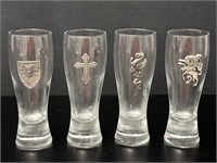4 Medieval Pewter Medallion Pilsner Glasses