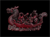 Antique Han Dynasty Cinnabar Boat Carving