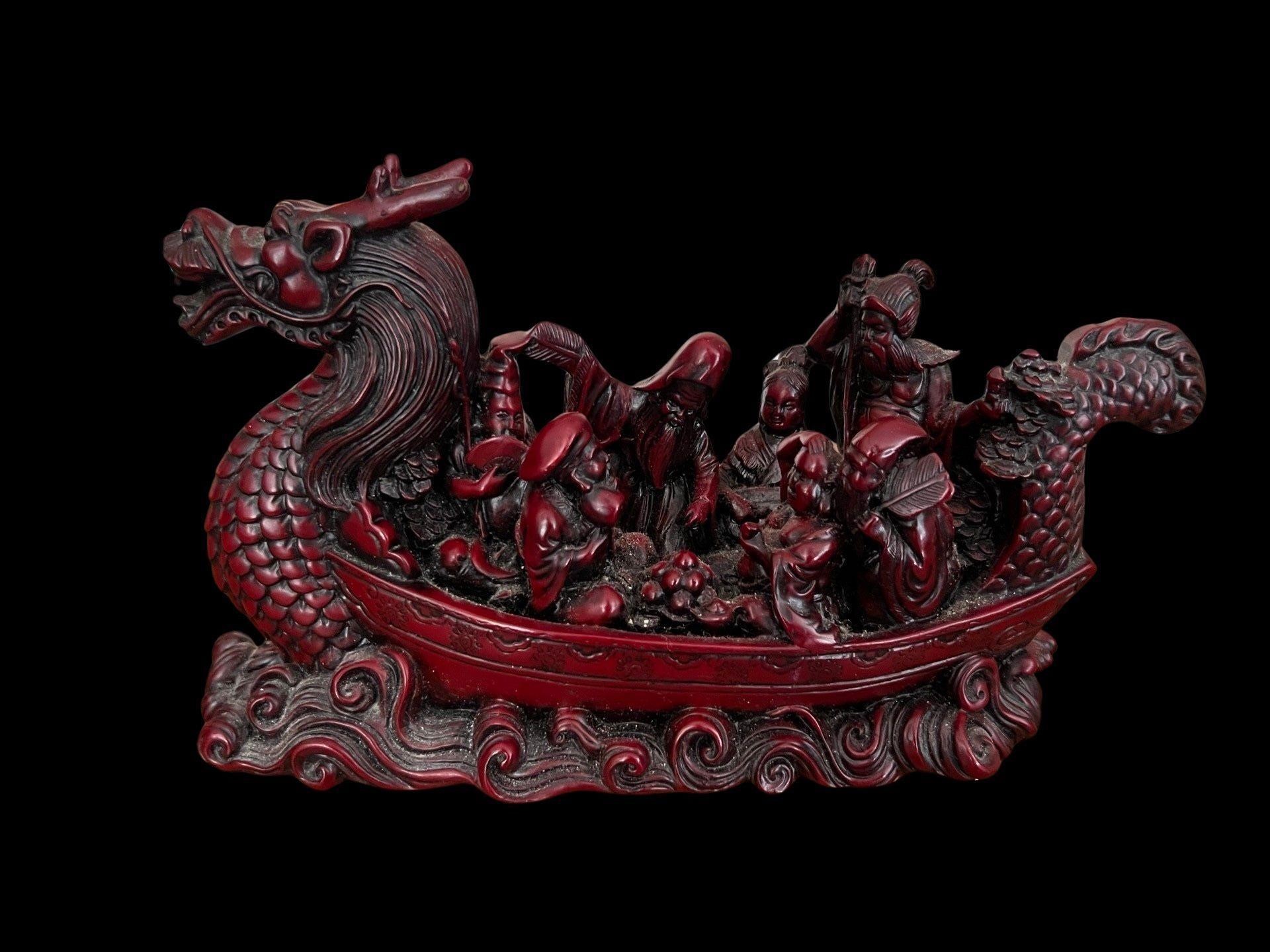 Antique Han Dynasty Cinnabar Boat Carving